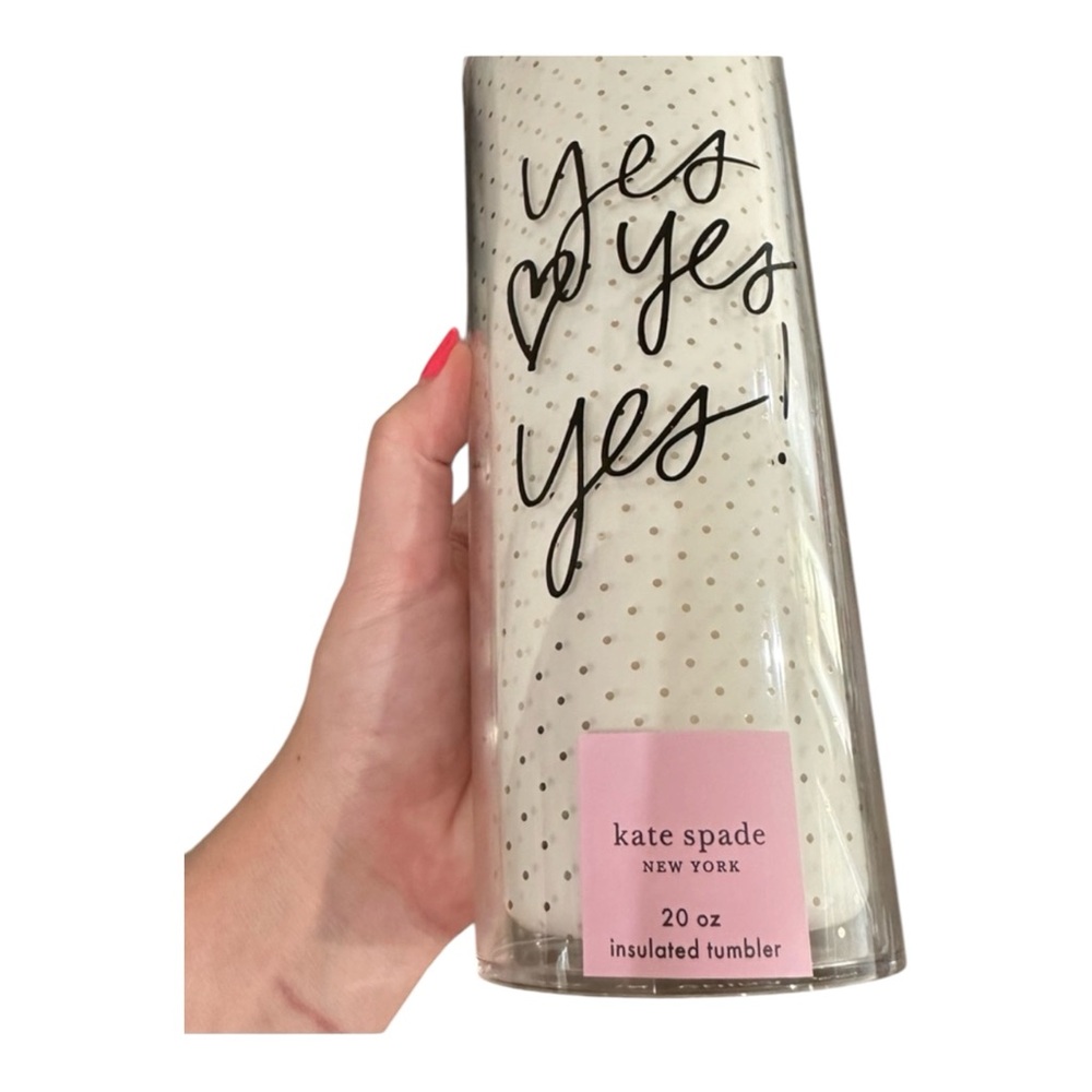 Kate Spade “Yes, Yes, Yes” White Tumbler w/ Black Script & Gold Dots. - Picture 3 of 14